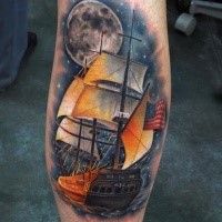 Illustrative style colored leg tattoo of sailing ship with night sky