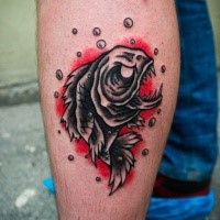 Illustrative style colored leg tattoo of evil fish