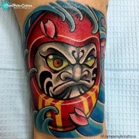 Illustrative style colored leg tattoo of daruma doll with wave