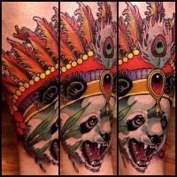 Illustrative style colored leg tattoo of evil panda bear with cool helmet
