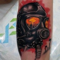 Illustrative style colored man in gas mask tattoo on leg