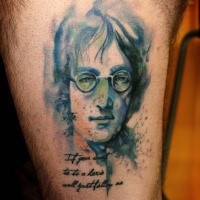 Illustrative style colored man portrait tattoo with lettering