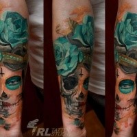 Illustrative style colored Mexican like woman portrait with roses