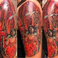 Illustrative style colored mystical demonic man tattoo on shoulder