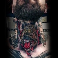 Illustrative style colored neck tattoo of evil dog and woman portrait