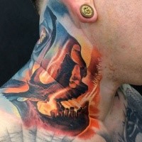 Illustrative style colored neck tattoo of skull with flames