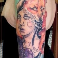 Illustrative style colored picture shoulder tattoo of woman with fox and flowers