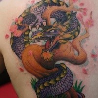 Illustrative style colored scapular tattoo of fantasy dragon with blooming tree