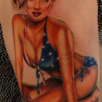 Illustrative style colored sexy woman tattoo on shoulder