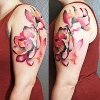 Illustrative style colored shoulder tattoo of various flowers