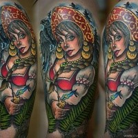 Illustrative style colored shoulder tattoo of beautiful woman in forest