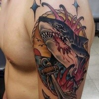 Illustrative style colored shoulder tattoo of shark with anchor and rope