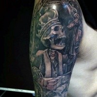 Illustrative style colored shoulder tattoo of skeleton king with money