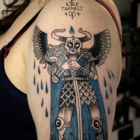Illustrative style colored shoulder tattoo of mystical angel warrior