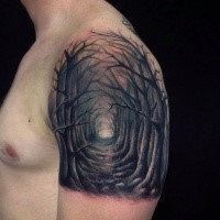 Illustrative style colored shoulder tattoo of dark forest alley