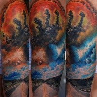 Illustrativer Stil farbiges Schulter Tattoo von Straße und Raum