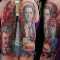 Illustrative style colored shoulder tattoo of real movie scene