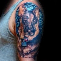 Illustrative style colored shoulder tattoo of dog portrait