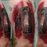 Illustrative style colored shoulder tattoo of large gates
