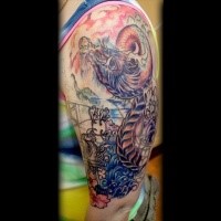Illustrative style colored shoulder tattoo of fantasy dragon