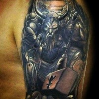 Illustrative style colored shoulder tattoo of fantasy viking