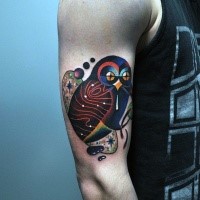 illustrative style colored shoulder tattoo of fantasy owl