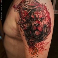 Illustrative style colored shoulder tattoo of lion with various ornaments