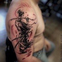 Illustrative style colored shoulder tattoo of Japanese warrior