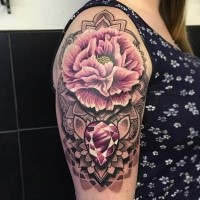 Illustrative style colored shoulder tattoo of big flowers with various ornaments