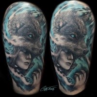 Illustrative style colored shoulder tattoo of fantasy wolf with woman face