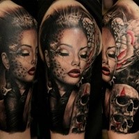 Illustrative style colored shoulder tattoo of fantasy woman with skulls