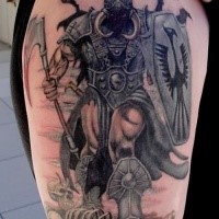 Illustrative style colored shoulder tattoo of fantasy shadow warrior