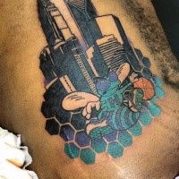 Illustrative style colored side tattoo of bee in city