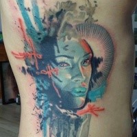 Illustrative style colored side tattoo of woman portrait