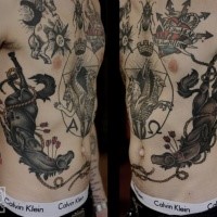 Illustrative style colored side tattoo of dead horses with arrows