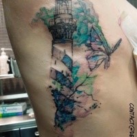 Illustrative style colored side tattoo of big lighthouse with butterfly