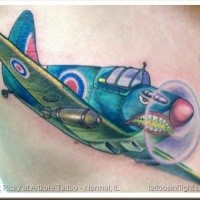 Illustrative style colored side tattoo of big fighter plane