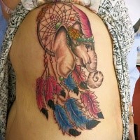 Illustrative style colored side tattoo of dream catcher and elephant