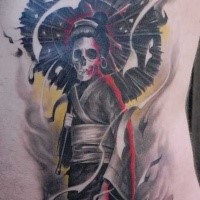 Illustrative style colored side tattoo of geisha skeleton
