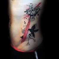 Illustrative style colored side tattoo of of flying crow with various ornaments