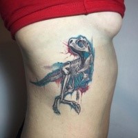 Illustrative style colored side tattoo of running dinosaur skeleton
