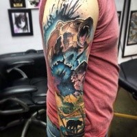 Illustrative style colored sleeve tattoo of watercolor bead