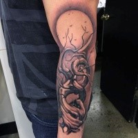 Illustrative style colored sleeve tattoo of interesting looking tree with moon