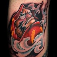 Illustrative style colored tattoo of Asian doll with fog