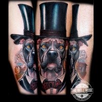 Illustrative style colored tattoo of big dog with hat