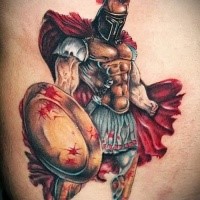 Illustrative style colored tattoo of bloody warrior with shield