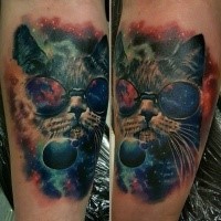 Illustrative style colored tattoo of cat with space and planets