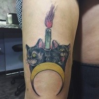 Illustrative style colored tattoo of cats with candle and moon
