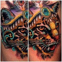 Illustrative style colored tattoo of cool leopard and jewelry
