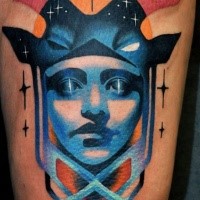 Illustrative style colored tattoo of fantasy woman face combined with animal helmet